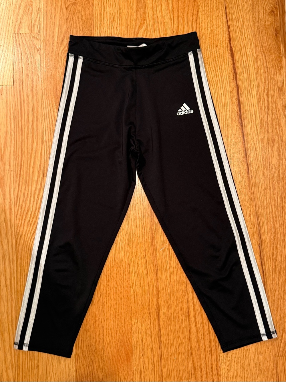 Adidas Girls' Black Athletic Crop Leggings with White Side Stripes Sz 10/12